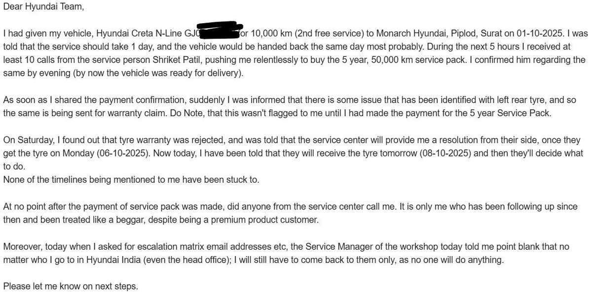 agarwal_aman96's tweet photo. @HyundaiIndia  thanks for ensuring that a 7 yr loyal customer with 3 purchases from you doesn't ever come back to you after disposing off this decent vehicle (thanks to pathetic service support).

Note: Not posting the vehicle num on public forum; I have mailed the same to you. https://t.co/9maN0epFMp