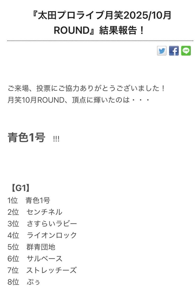 oritatomohisa's tweet image. 「月笑」
敗北！降格！惨敗！
CSエキシビジョンでの出演が
絶望的となりました🥵🥵🥵
来月全組お休みorタイムオーバーの
全組0ptに望みをかけます👊👊👊
青色1号さんが圧倒的優勝🏆🏆
さすがの仮屋さんもこの表情☝️☝️☝️