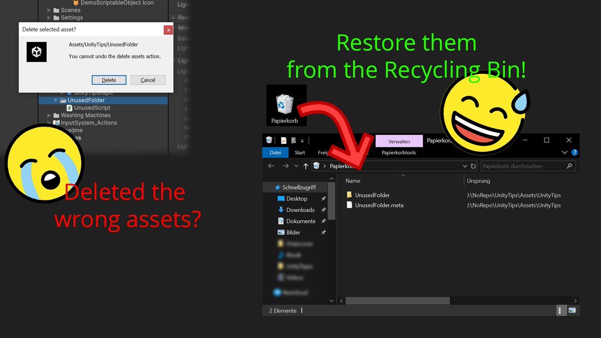 BinaryImpactG's tweet image. #UnityTips
Deleted assets from your #Unity3d project before they were added to version control? Accidentally deleted the wrong folder? Deleted too many files?
Restore them from the windows Recycling Bin! Don't forget the meta files!
#gamedev #indiedev