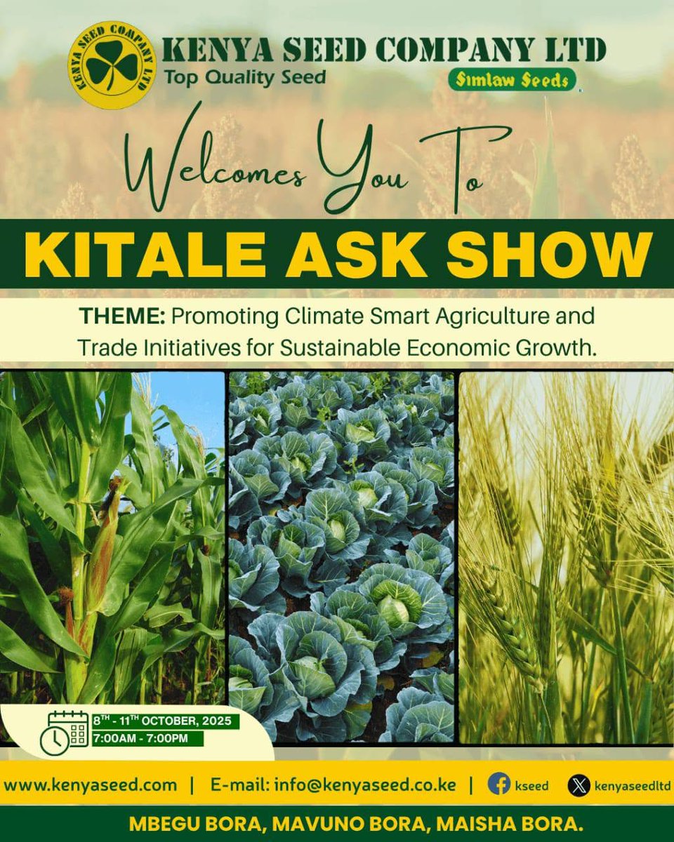 Tukutane ASK Kitale National Show ( 8th - 11th Oct 2025). 

Visit us and be part of the ongoing conversation on shaping the future of agriculture in Kenya.
Agricultural Society of Kenya
Simlaw Seeds Company Ltd.