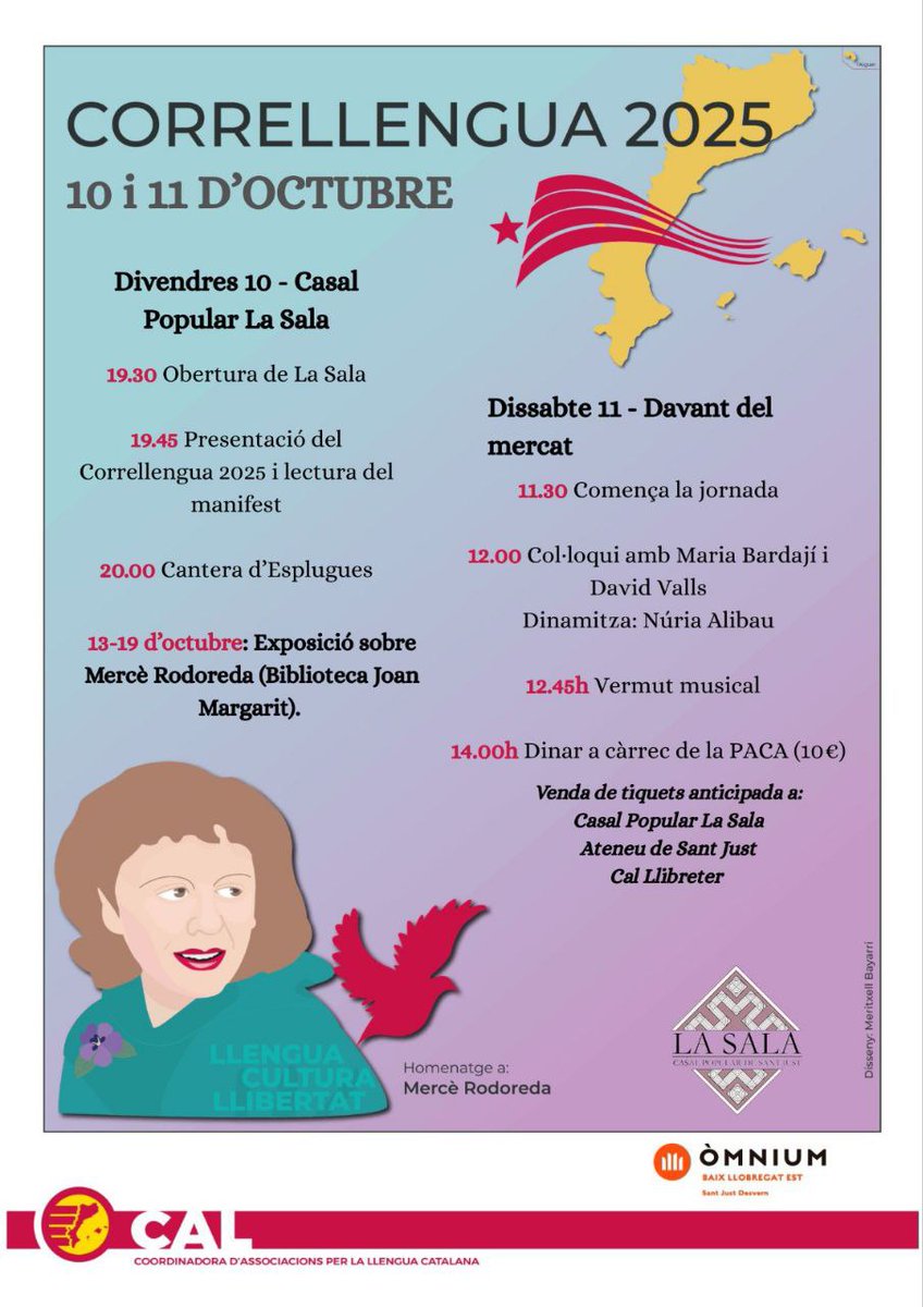 Amb <a href="/lasalasantjust/">Casal Popular La Sala</a> i la <a href="/CAL_SantJust/">CAL_SantJust</a> hem unit esforços per a celebrar el Correllengua!
Vine a donar suport a la llengua. Aquest divendres 10 i dissabte 11 d'octubre, t'esperem!
Tota la informació👇