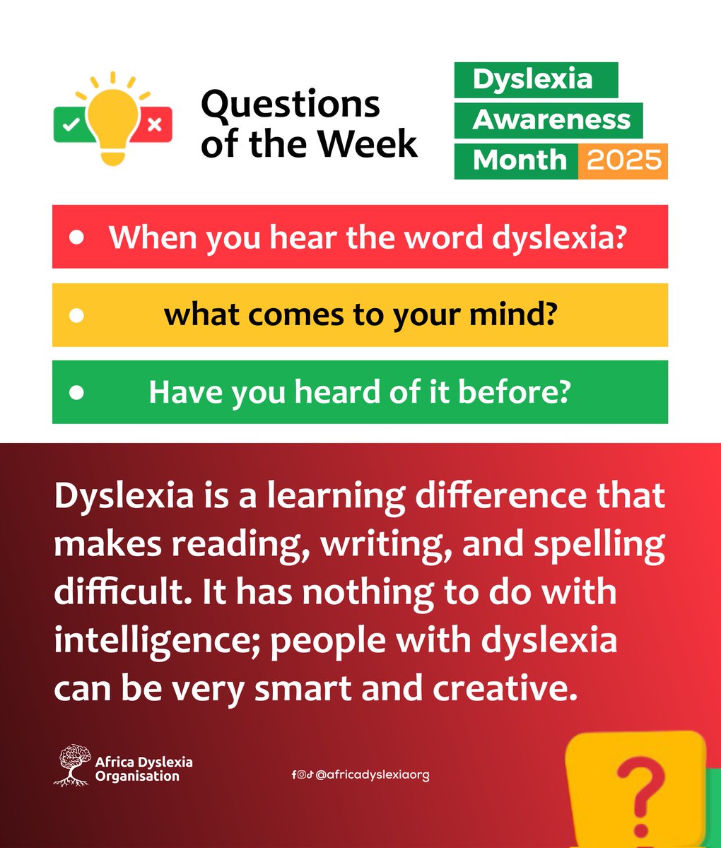 AfricaDyslexia's tweet image. We asked for your thoughts, and you responded.
Here is what should come to mind when you hear the word dyslexia; we hope it helps.
#DyslexiaAwareness #DyslexiaAwarenessMonth #LearningDifferences #DyslexiaAwarenessOnTheStreet