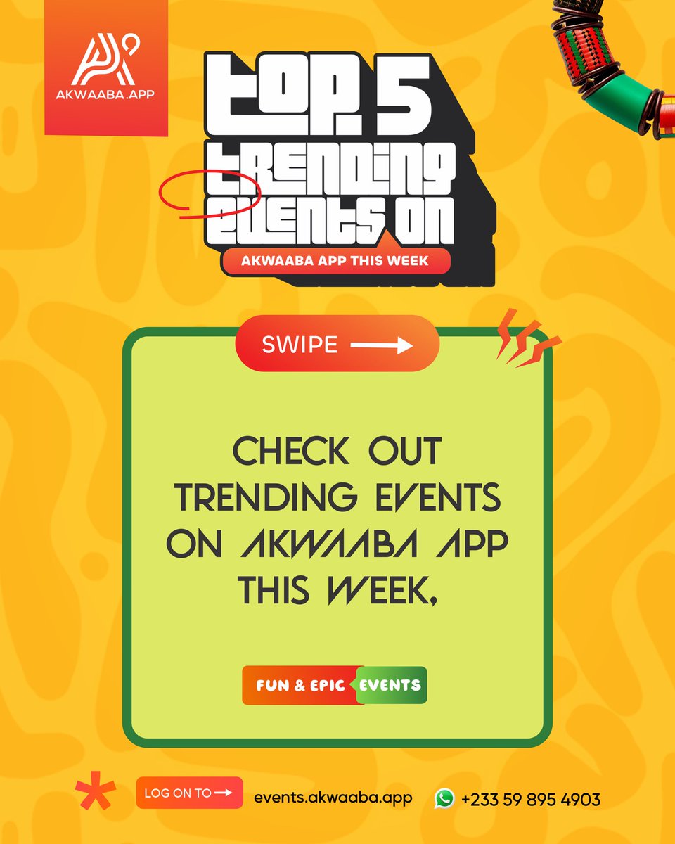 AkwaabaApp's tweet image. Swipe ➡️ to check out some fun activities for the week 🥳🇬🇭

Check out Akwaaba App for more fun and epic events happening near you 🎉