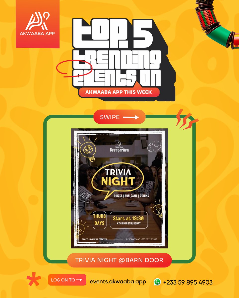 AkwaabaApp's tweet image. Swipe ➡️ to check out some fun activities for the week 🥳🇬🇭

Check out Akwaaba App for more fun and epic events happening near you 🎉