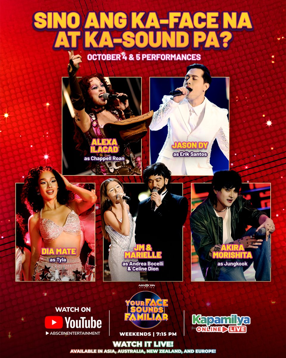 ABSCBN's tweet photo. I-comment mo ang fave debut performance mo! 🤩🙌
Abangan ang iba pang performances sa #YourFaceSoundsFamiliar this weekend, 7:15 PM sa #KapamilyaOnlineLive! https://t.co/BtaLOVbJZp
