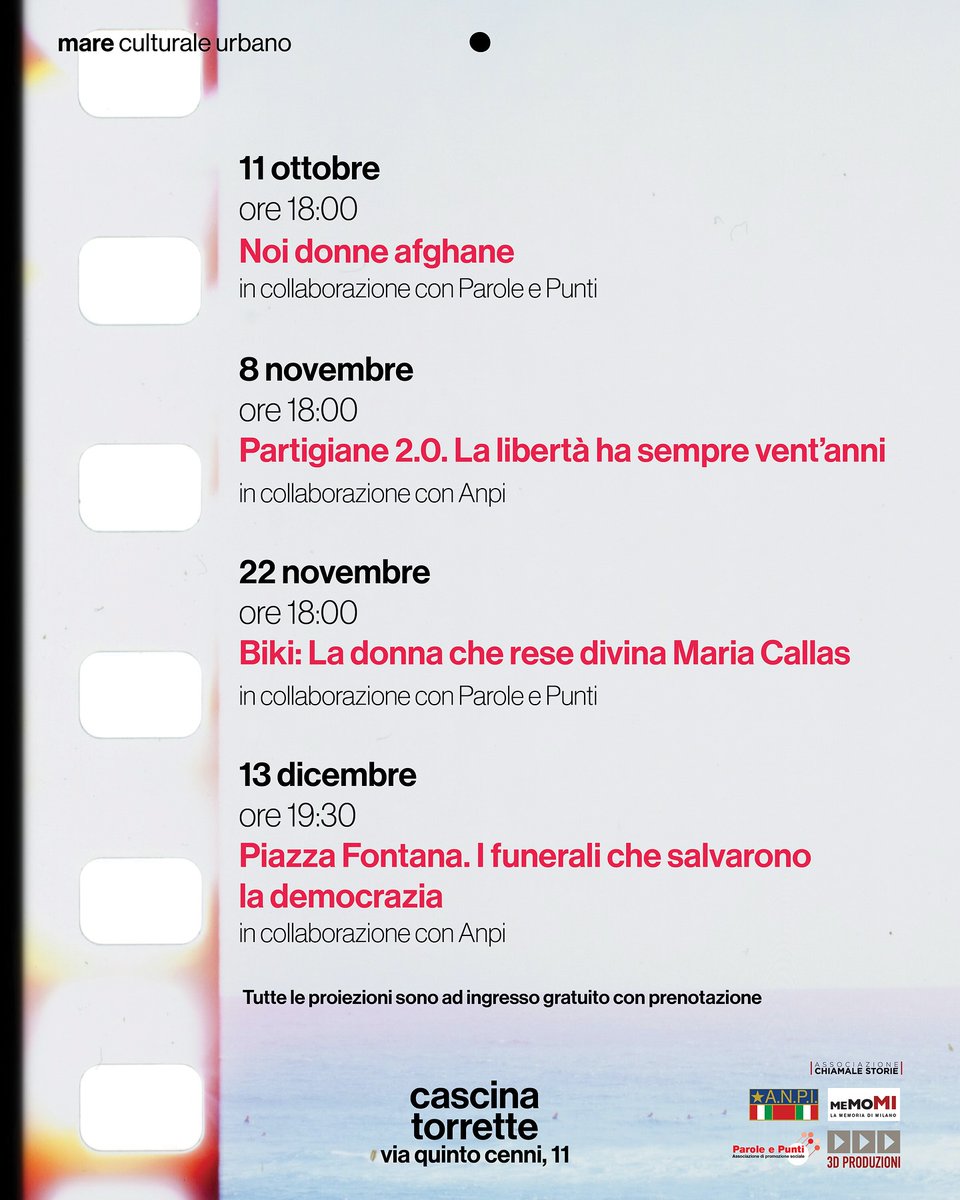 Dall'11 ottobre collaboriamo con Mare culturale urbano per Voci e storie, rassegna cinematografica realizzata con l’Associazione Chiamale Storie, ANPI di Quarto Cagnino e Associazione Parole e Punti.