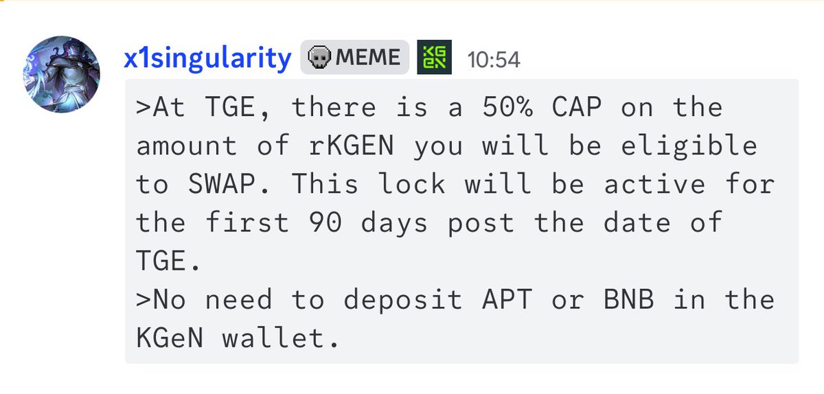 CryptoQuestMax's tweet photo. Regarding @KGeN_IO  vesting At TGE, there is a 50% CAP on the amount of rKGEN you will be eligible to SWAP. This lock will be active for the first 90 days post the date of TGE.
>No need to deposit APT or BNB in the KGeN wallet.``` https://t.co/KfNVrFZuSQ