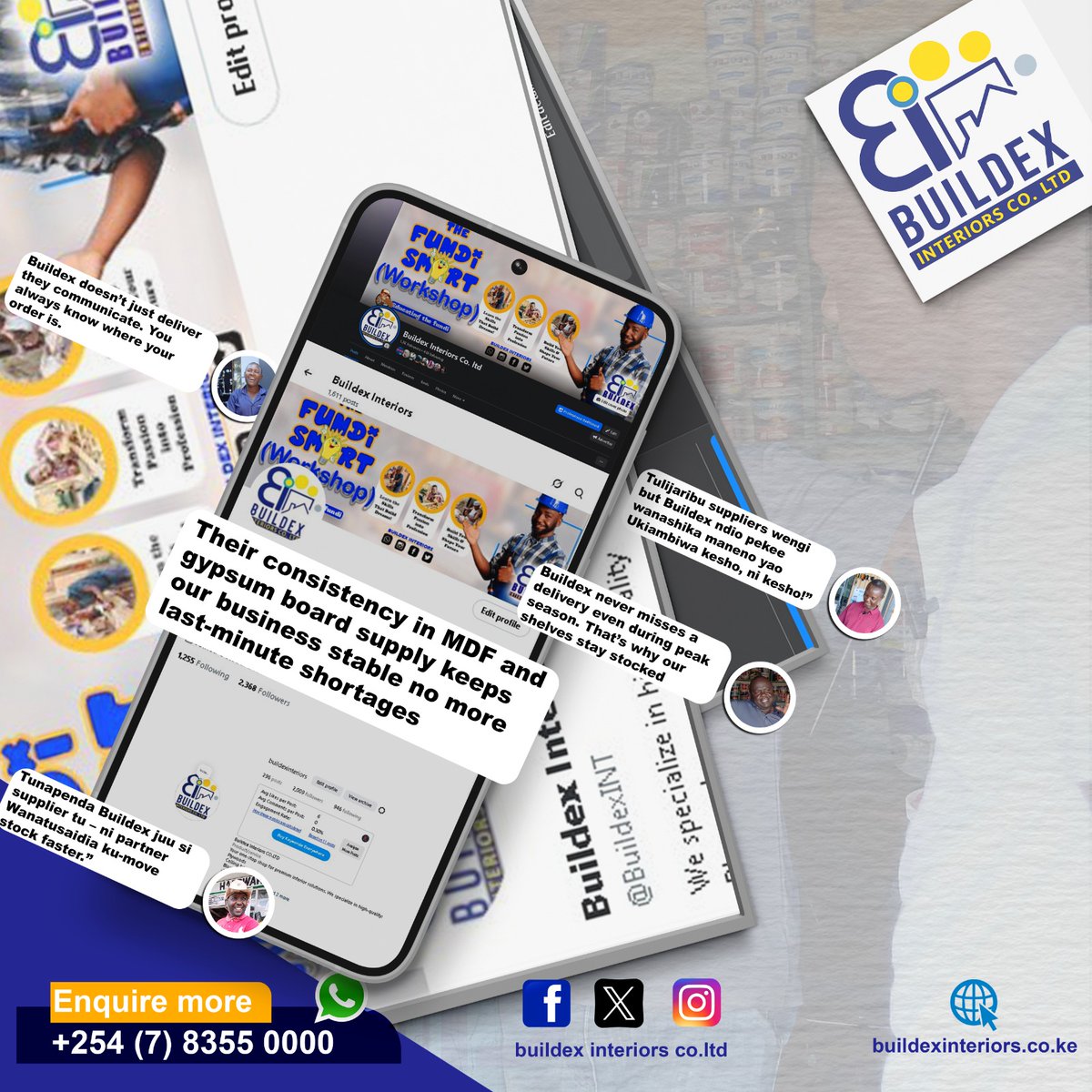 Across Kenya, our partners know one thing — Buildex delivers bila excuses.

📞 Enquire Now: 0755000185
🌐 buildexinteriors.co.ke
📍 Supplying Hardwares Across Kenya