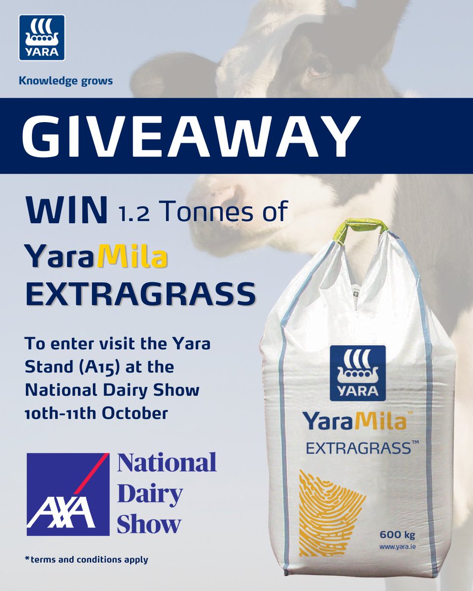 Fancy winning 1.2 TONNES of YaraMila Extragrass?

Drop by our stand at the <a href="/Nat_DairyShow/">National Dairy Show</a>!

📍Millstreet, Co. Cork
📅Friday 10th &amp; Saturday 11th October
⭐Stand A15

Come and chat to our team about crop nutrition, plus enter our competition. Don’t miss out - see you there!