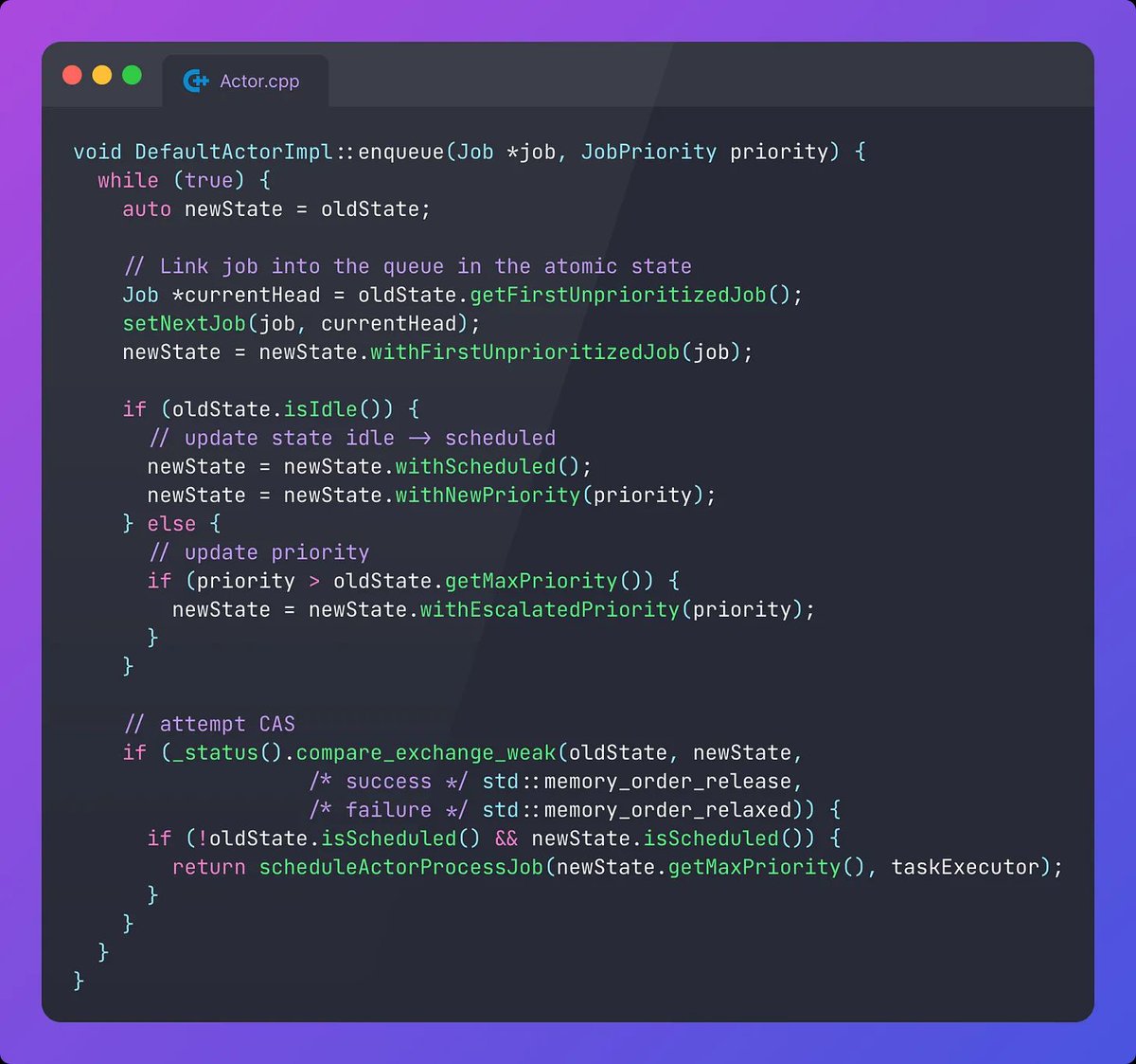 Swift Actors have a secret sauce that powers their isolation: a state machine that only gets changed by atomic CPU operations 

The “enqueue” method schedules work onto the actor’s executor at runtime. The while (true) loop keeps running until it succeeds. It changes the actor’s