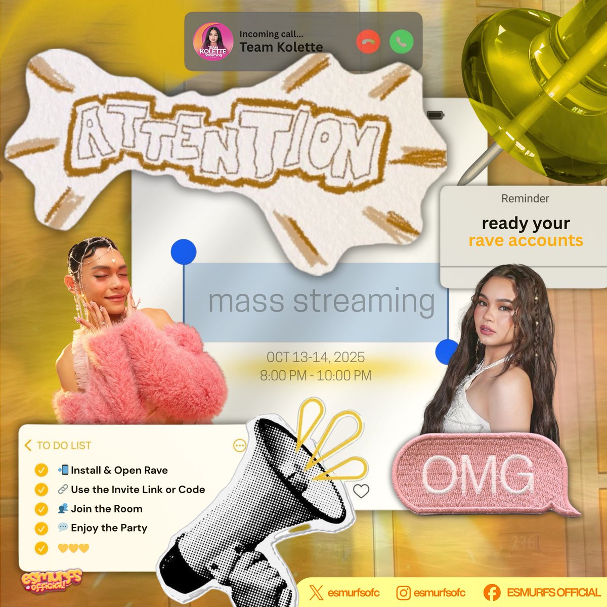 EsMurfsOFC's tweet photo. 🚨🍿 Popcorn ready? Vibes steady? 🚨🍿

🎬✨ Streaming Party Alert! ✨🎬

Join us for a fun Rave collab with Team Kollette! 🥳
🎉 Get a chance to win ₱500!

🗓️ Oct. 13 – 3 lucky winners
🗓️ Oct. 14 – another 3 winners 🎁

🎶 Let’s stream “Ako Na Lang” MV by The Juans + BINI’s newest hit First Luv starring Esnyr and more surprises! 💖

💻 Stream with us on Rave:
👉 Kollette Streaming
👉 mnr_shipper

Don’t miss the fun, the laughs, the music, and the prizes! 🥳
See you there, and let’s make it a night to remember! 🌟

#EsnyrRanollo || Esnyr Ranollo