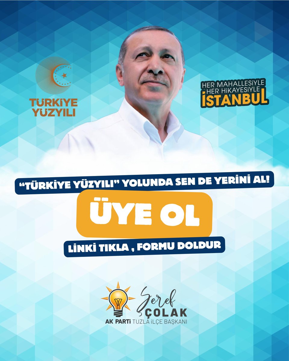 🇹🇷 “Türkiye Yüzyılı” yolunda sen de yerini al!
Ak Parti’ye üye olarak, güçlü yarınların inşasına katkı sağla.
👉 Üye olmak için: akuyelikistanbul.org