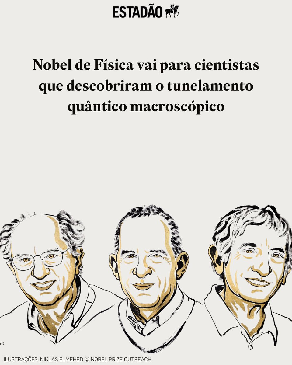 Estadao's tweet photo. NOBEL DE FÍSICA | Prêmio vai para cientistas que descobriram o tunelamento quântico macroscópico; veja quem são > https://t.co/HaDcbtZ9kU https://t.co/96SCVdGES8