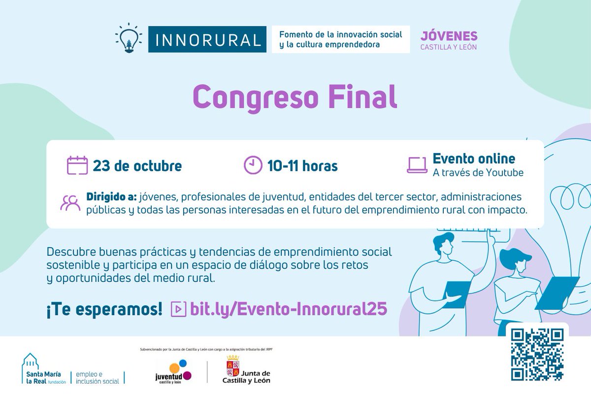 📌 ¡Nos vemos el 23 de octubre en el evento final de #Innorural! Haremos balance de estos tres años impulsando la #innovación social y el #emprendimiento juvenil en las zonas rurales de📍Castilla y León.

🗓️ 23 de octubre | ⏰ 10:00 a 11:00 h
➡️ bit.ly/Evento-Innorur…