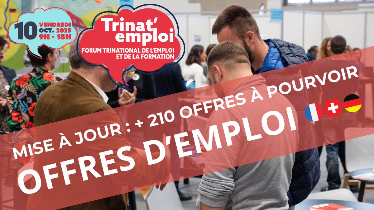 Mise à jour : Il y a désormais + de 210 offres d'emploi à pourvoir sur le site, et encore plus sur place ce vendredi 10 octobre de 9h à 18h. Entrée libre. #TrinatEmploi 👉 trinatemploi.fr #emploi #recrutement #alsace #suisse #allemagne #france