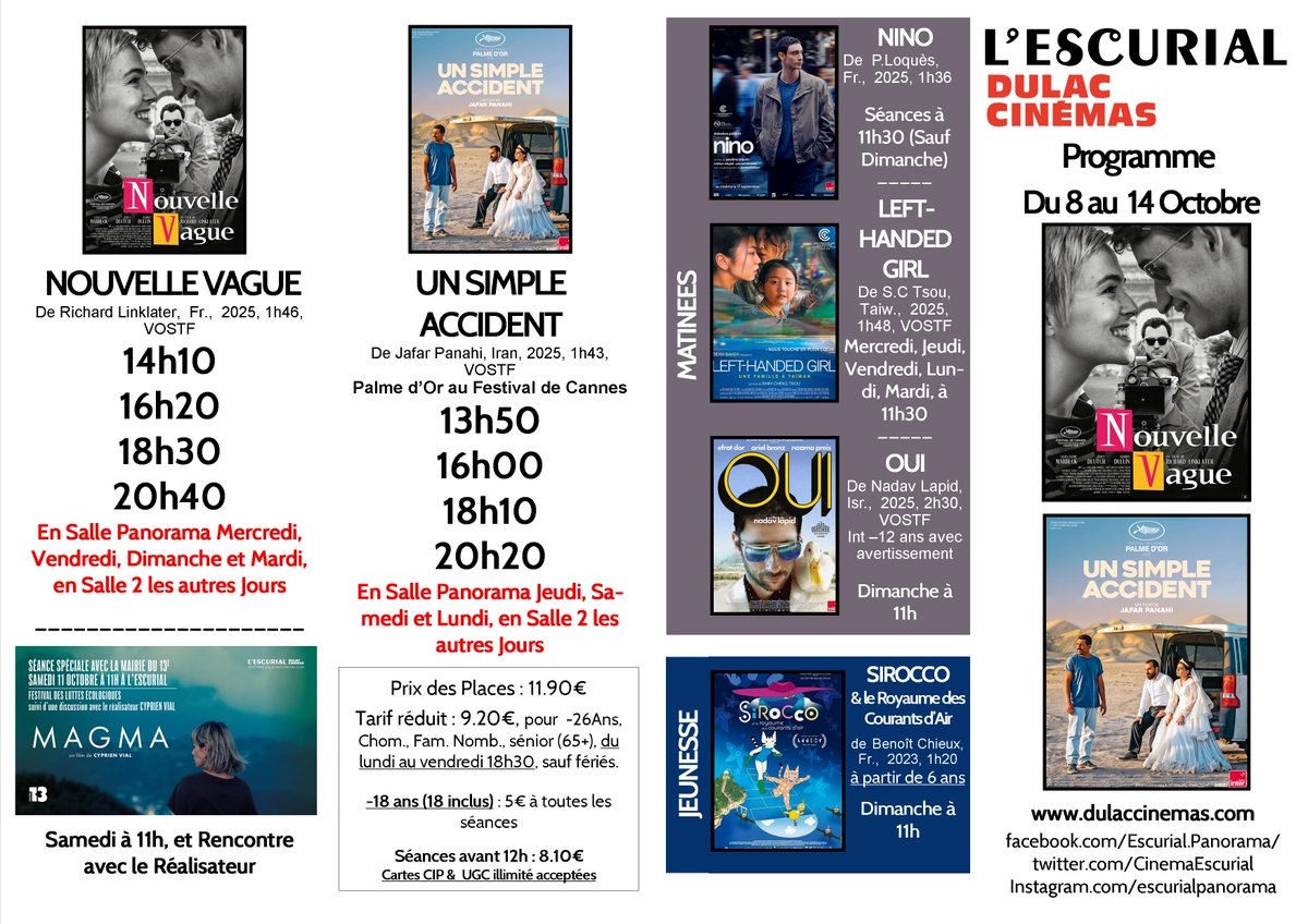 Le Programme de l'Escurial, à partir de demain ... NOUVELLE VAGUE, de Richard Linklater, et UN SIMPLE ACCIDENT, de Jafar Panahi (Palme d'Or à Cannes) ... Une belle semaine !

#Paris5 #Paris13 #NouvelleVague #RichardLinklater #unsimpleaccident #palmedor #iran #jafarpanahi