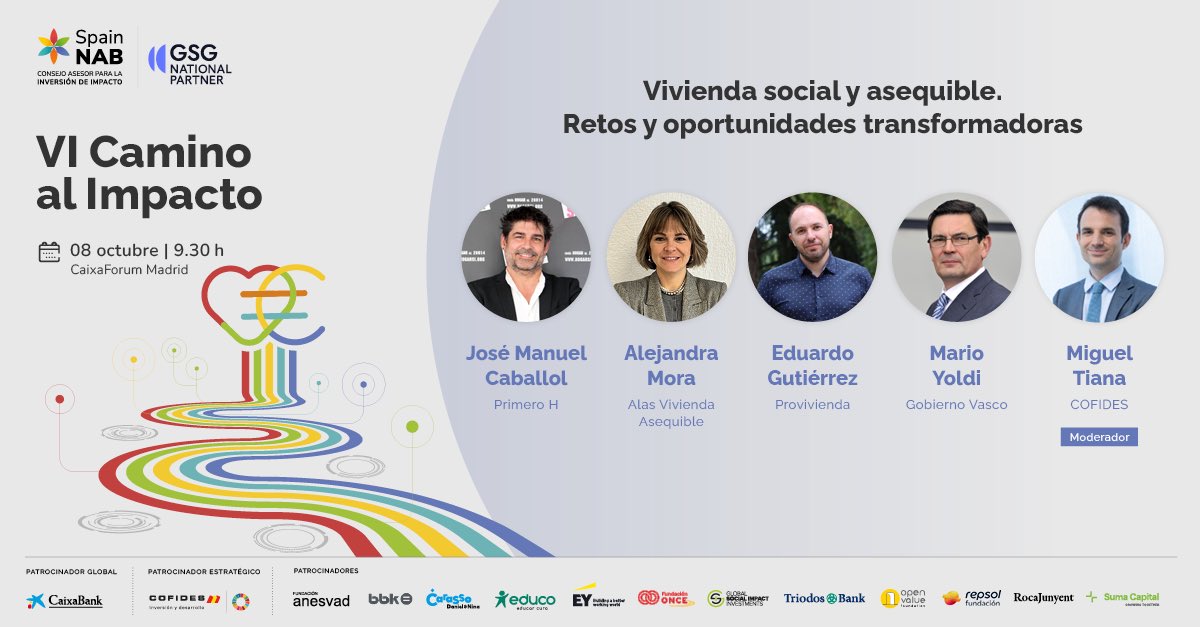 SpainNAB's tweet photo. 🏘️ "Vivienda social y asequible. Retos y oportunidades"
8-O VI #CaminoalImpacto:
✅Miguel Tiana @COFIDES
✅José Manuel Caballol @HogarSi y #PrimeroH
✅Alejandra Mora #AlasViviendaAsequible
✅Eduardo Gutiérrez @provivienda_org
✅Mario Yoldi @Gob_eus
👉 https://t.co/hF7uFLhC8u https://t.co/M1noT2H2QQ