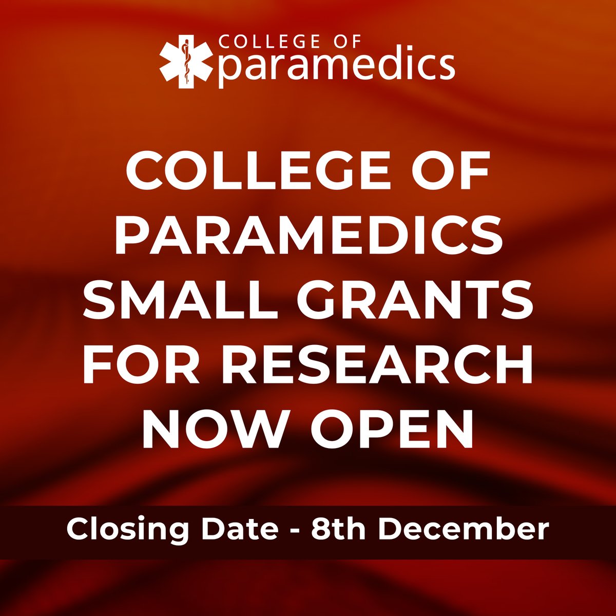 ✍️ Small Grants Awards for Research is now open!

College of Paramedics members can apply for funding to support small-scale research.

Apply here ➡️ app.onlinesurveys.jisc.ac.uk/s/herts/colleg…

📅 Closing date: 8th December 2025
📩 Further info: julia.williams@collegeofparamedics.co.uk
