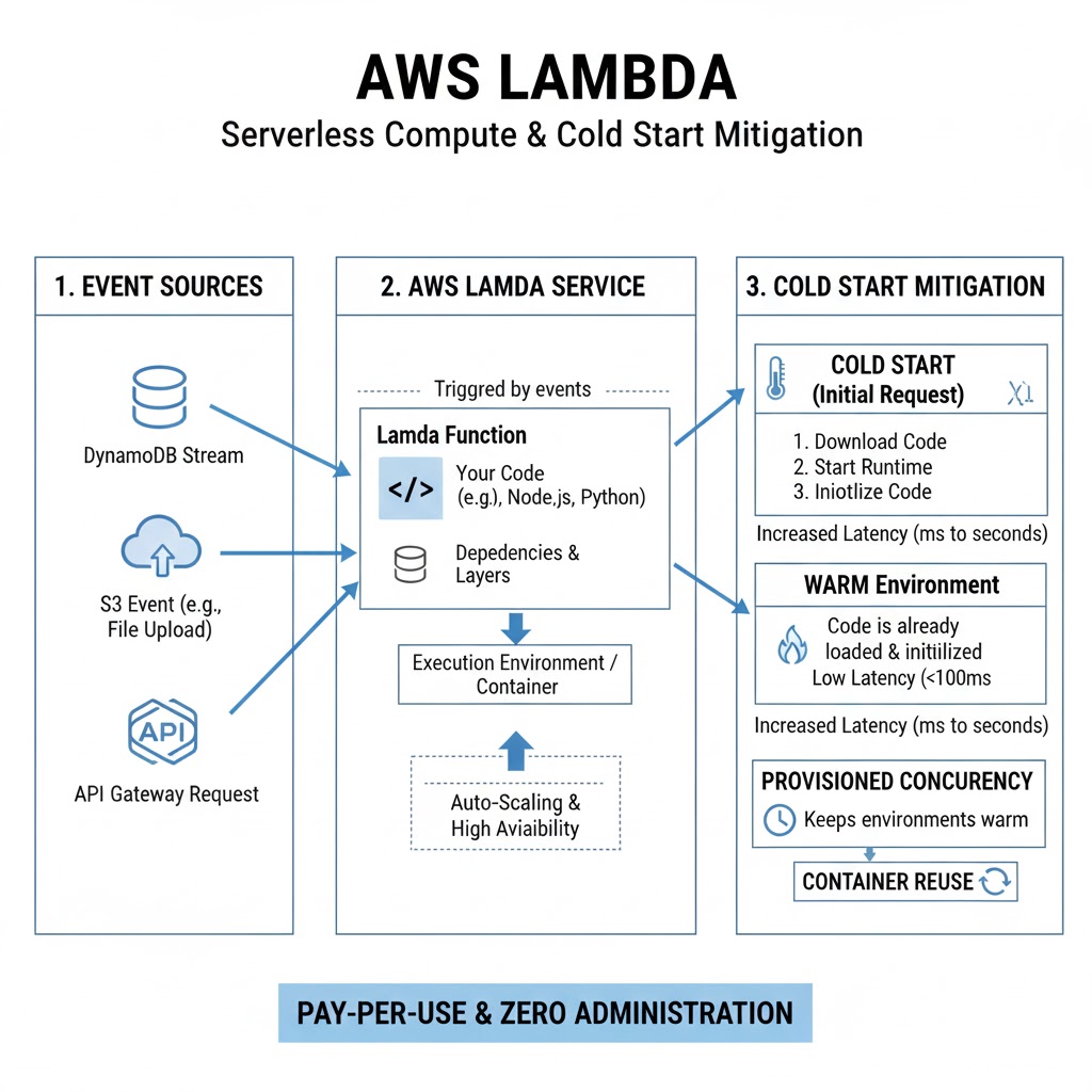 e_opore's tweet image. AWS Lambda – Serverless Compute, Event Sources, and Cold Start Mitigation
Introduction
→ AWS Lambda is a serverless compute service that runs your code without the need to provision or manage servers.
→ You pay only for the compute time consumed — there are no charges when…