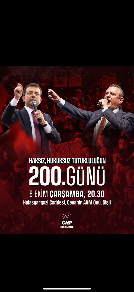 Kurtuluş yok tek başına, ya hep beraber ya hiçbirimiz! 

Genel Başkanımız Özgür Özel’in öncülüğünde, 15,5 milyon oyla Cumhurbaşkanı adayımız Ekrem İmamoğlu ve tüm yol arkadaşlarımıza yönelik 200 gündür süren haksız, hukuksuz tutukluluğa karşı bir araya geliyoruz. 

🗓  8 Ekim