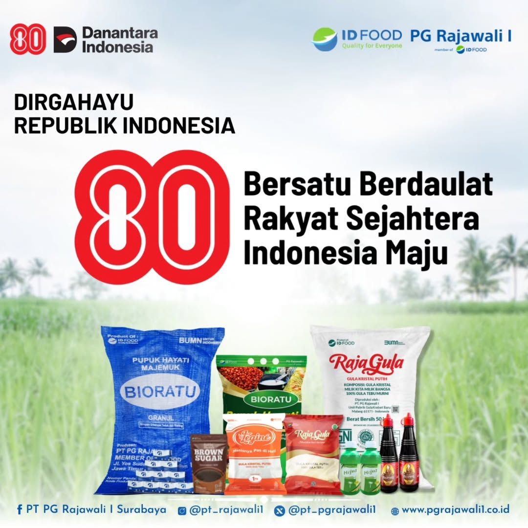 pt_pgrajawali1's tweet image. DIRGAHAYU REPUBLIK INDONESIA KE-80 🎉
Mari kita rayakan kemerdekaan dengan semangat Bersatu, Berdaulat, Rakyat Sejahtera, Indonesia Maju Bersama PT PG Rajawali I, kita terus berkontribusi untuk negeri melalui produk berkualitas bagi Indonesia.#HUTRI80 #DirgahayuRI #IndonesiaMaju