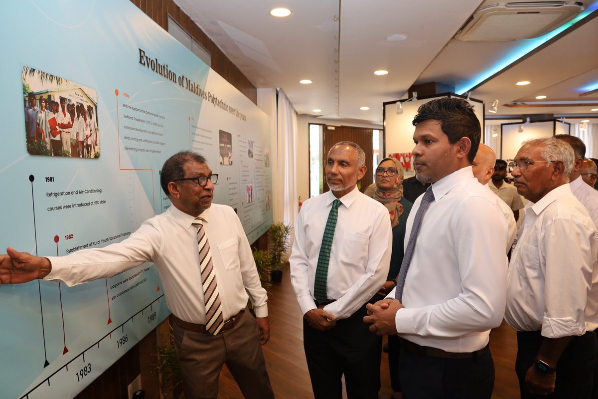 MVPolytechnic's tweet image. The photo exhibition, commemorating 50 years of vocational and technical education was inaugurated by Vice President Uz. Hussain Mohamed Latheef. and attended by Ministers Ali Haidar and Adam Naseer Ibrahim, along with representatives from Bangladesh, Sri Lanka, and Australia.