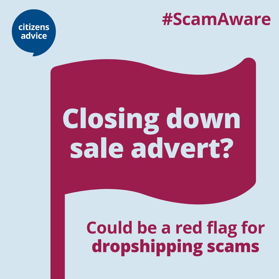 🚨  Beware of ‘closing down’ sale ads online.

Many are dropshipping scams trying to sell poor quality goods.

Check for a UK address and independent reviews from sites like Trustpilot before you buy.

Learn the signs to stay #ScamAware ⤵️
bit.ly/42KC1uU