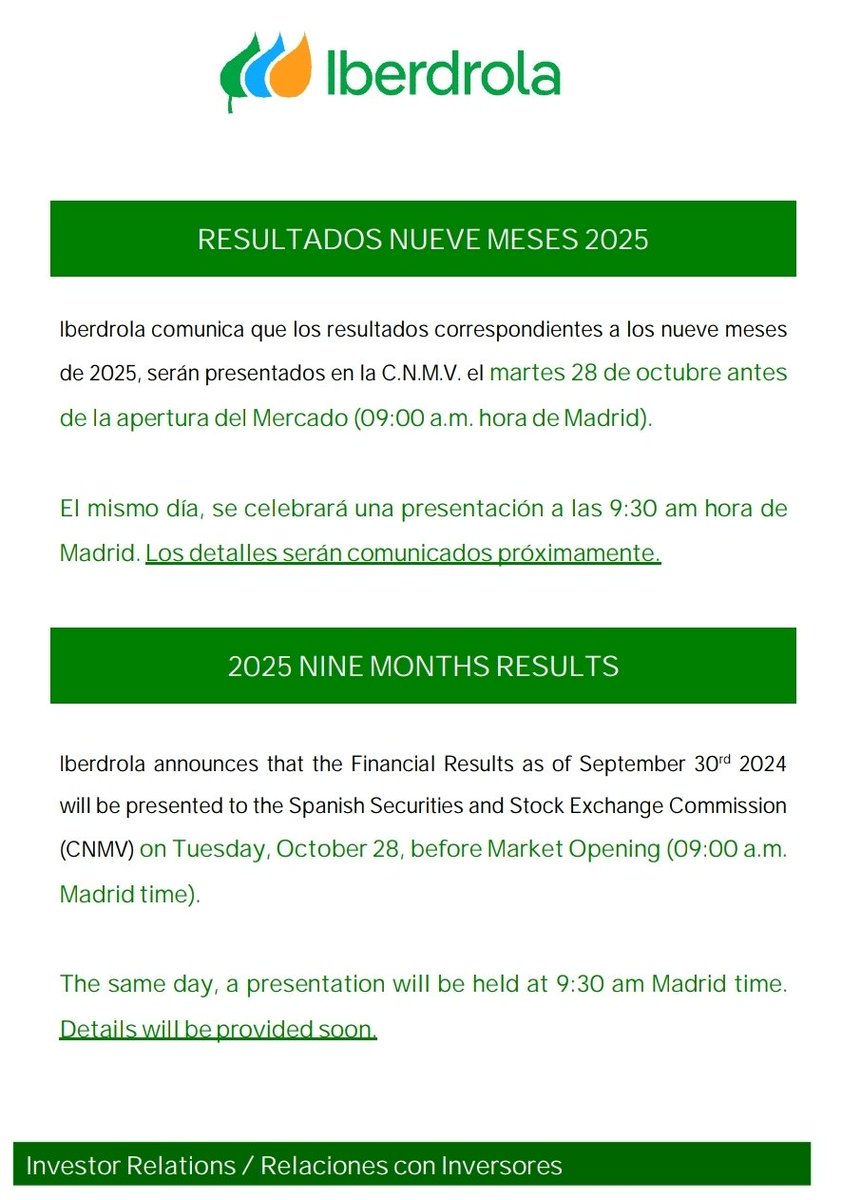 iparatx's tweet image. La eléctrica @iberdrola presentará los resultados del tercer trimestre de 2025 el martes 28 de octubre antes de la apertura del mercado

$IBE #Iberdrola