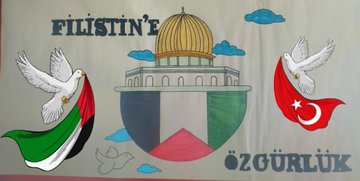 First image shows golden dome with white doves, Palestinian and Turkish flags, text Mehmet Fuat Demir Ilkokulu, group of children holding balloons and banners with flags, children drawing and writing at desks. Second image depicts drawing of golden dome, white doves, Palestinian and Turkish flags, text Filistinin Ozgurlugune. Third image displays children in red uniforms sitting at desks drawing, holding books and toys, school entrance with sign Mehmet Fuat Demir Ilkokulu, group of children holding gifts outside. Fourth image illustrates multiple views of children in red uniforms gathered outside school building holding green red black white flags and banners, balloons in various colors, Turkish flag on pole.