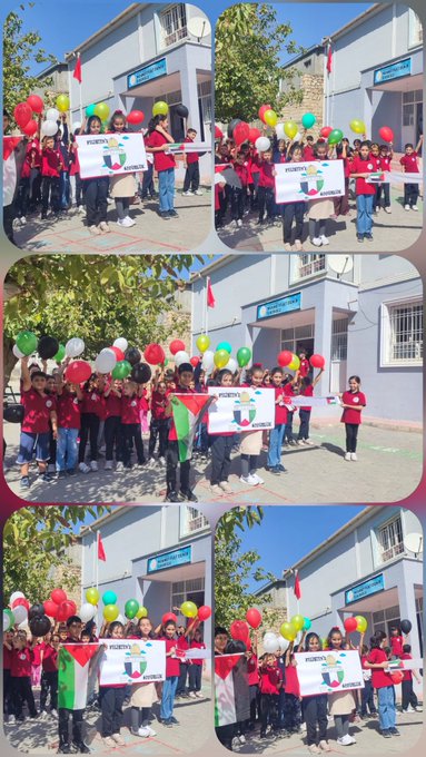 First image shows golden dome with white doves, Palestinian and Turkish flags, text Mehmet Fuat Demir Ilkokulu, group of children holding balloons and banners with flags, children drawing and writing at desks. Second image depicts drawing of golden dome, white doves, Palestinian and Turkish flags, text Filistinin Ozgurlugune. Third image displays children in red uniforms sitting at desks drawing, holding books and toys, school entrance with sign Mehmet Fuat Demir Ilkokulu, group of children holding gifts outside. Fourth image illustrates multiple views of children in red uniforms gathered outside school building holding green red black white flags and banners, balloons in various colors, Turkish flag on pole.
