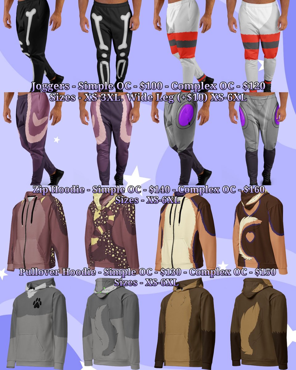 KitArcusDesigns's tweet image. Featured custom commissions for the season!
✨Prices✨
Joggers~
-Simple OC - $100
-Complex OC - $120
Pullover hoodie~
-Simple OC - $130
-Complex OC - $150
Zip hoodie~
-Simple OC - $140
-Complex OC - $160
Size up to 6X
.
DM to commission
Payment thru PayPal or Ko-fi
.
#furry