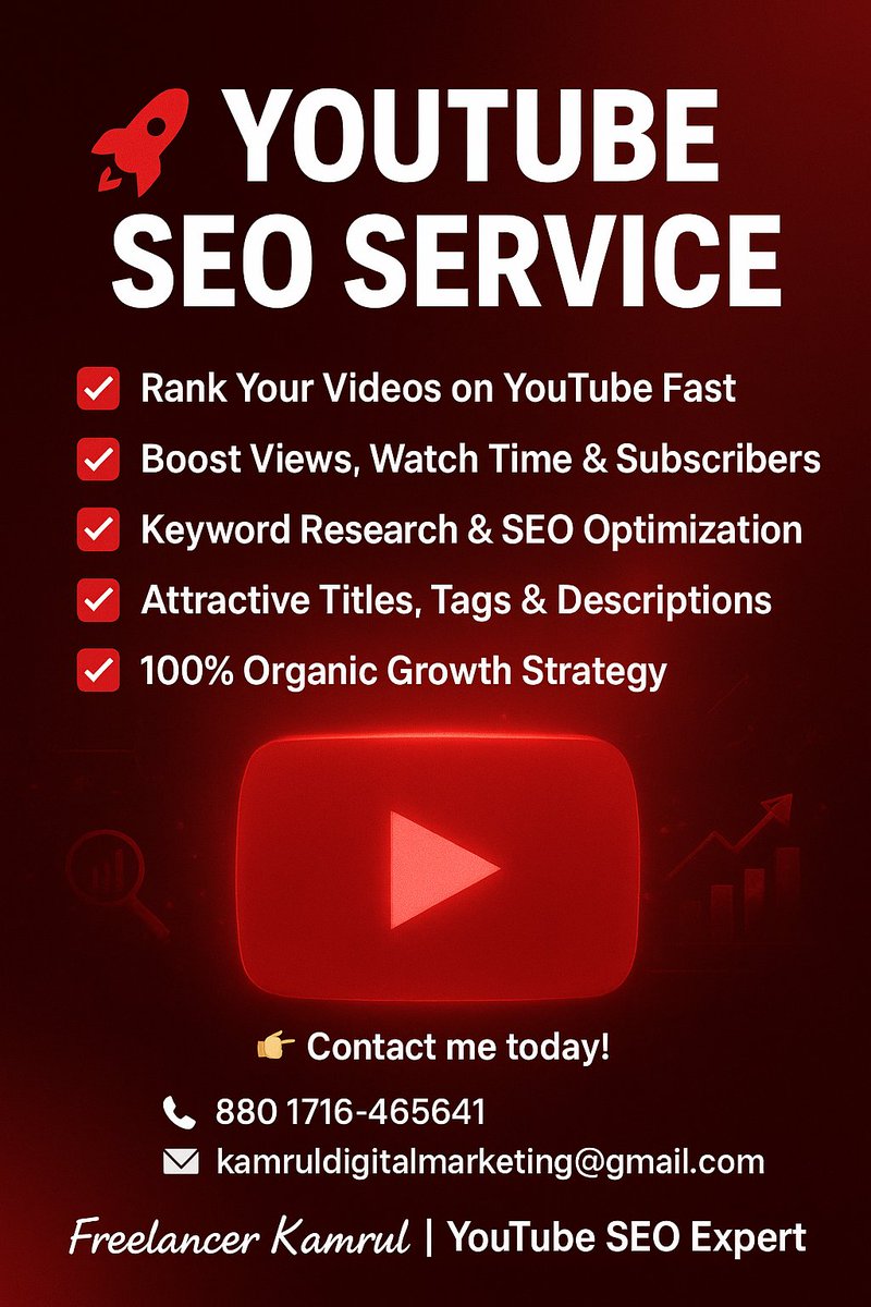 MdkamrulislamDM's tweet photo. 🎯 Want to Grow Your YouTube Channel Fast?
Your videos deserve more than just views — they deserve visibility, engagement &amp; subscribers!
#YouTubeSEO #VideoMarketing #VideoSEO #DigitalMarketing #freelancerkamrul #ClientWork https://t.co/9gGfhJFEY0