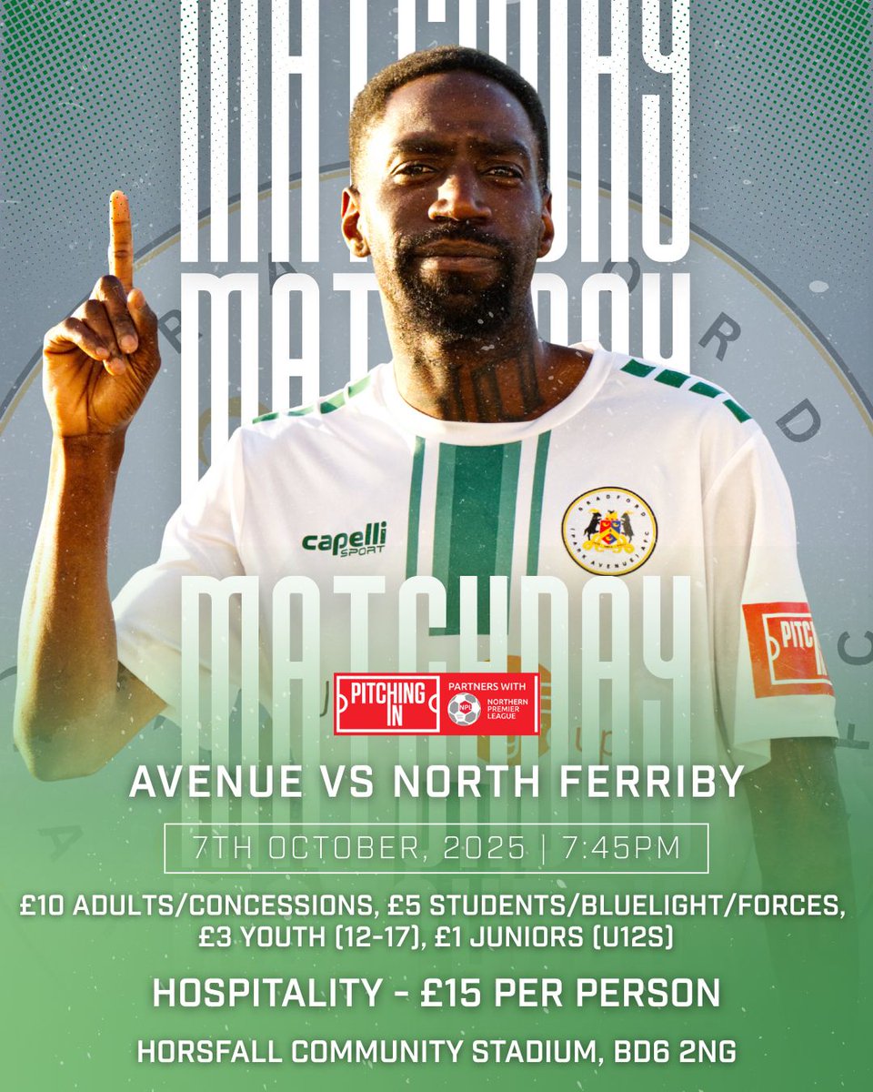 BPAFCOfficial's tweet image. 💚 MATCHDAY!

We’re back under the lights tonight at the Horsfall — Avenue vs North Ferriby! 🔥

Let’s fill the stands and keep the unbeaten run going! 🙌

🎟️ Tickets: app.fanbaseclub.com/Fan/Tickets/Se…

#Bradford #ParkAvenue #GreenArmy