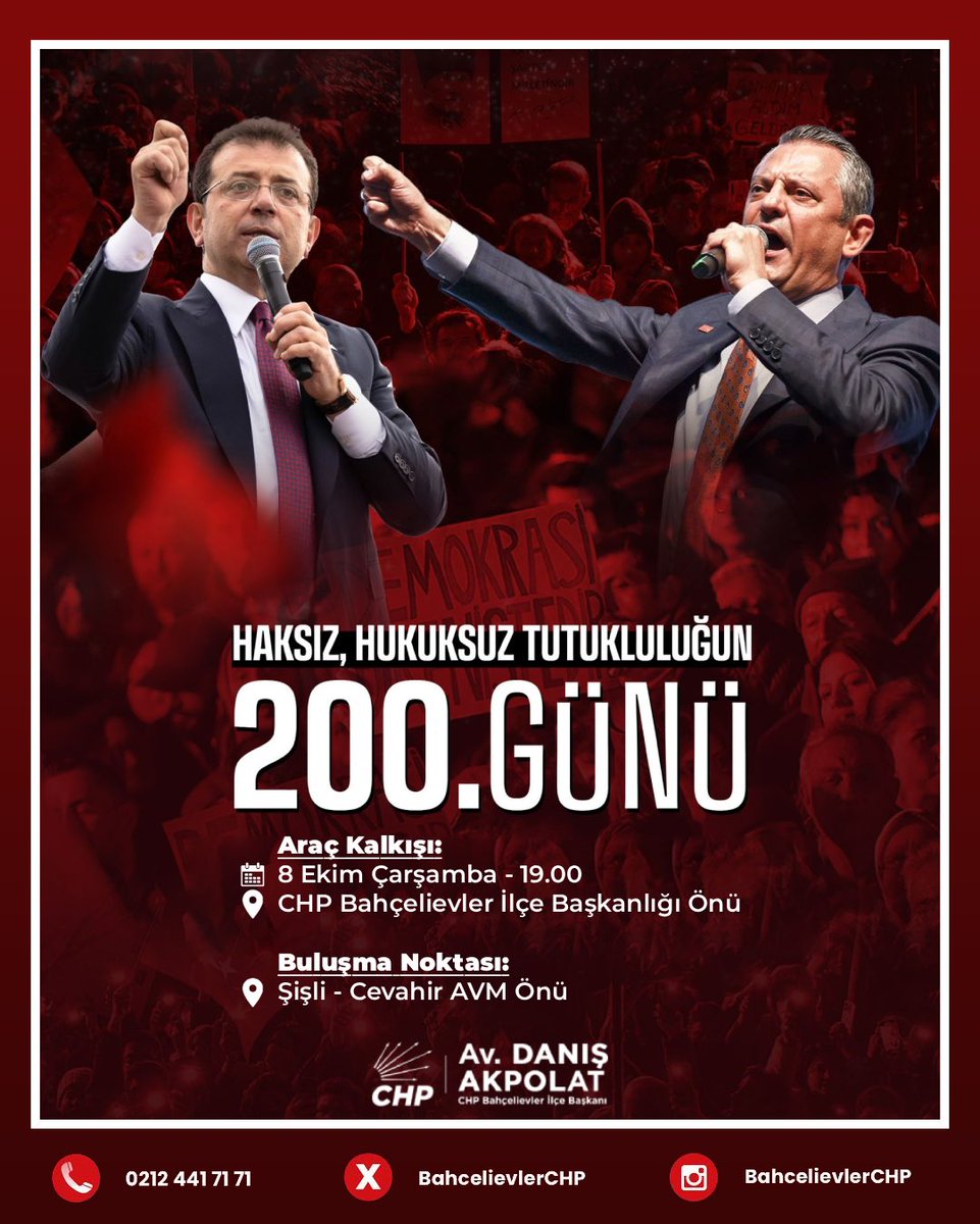 avdanisakpolat's tweet photo. Kurtuluş yok tek başına, ya hep beraber ya hiçbirimiz! 

Genel Başkanımız Özgür Özel’in öncülüğünde, 15,5 milyon oyla Cumhurbaşkanı adayımız Ekrem İmamoğlu ve tüm yol arkadaşlarımıza yönelik 200 gündür süren haksız, hukuksuz tutukluluğa karşı bir araya geliyoruz. 

Araç Kalkışı:
🗓  8 Ekim Çarşamba (YARIN)
🕣 19.00
📍 CHP Bahçelievler İlçe Binası 

Buluşma Noktası:
📍 Şişli – Cevahir AVM Önü