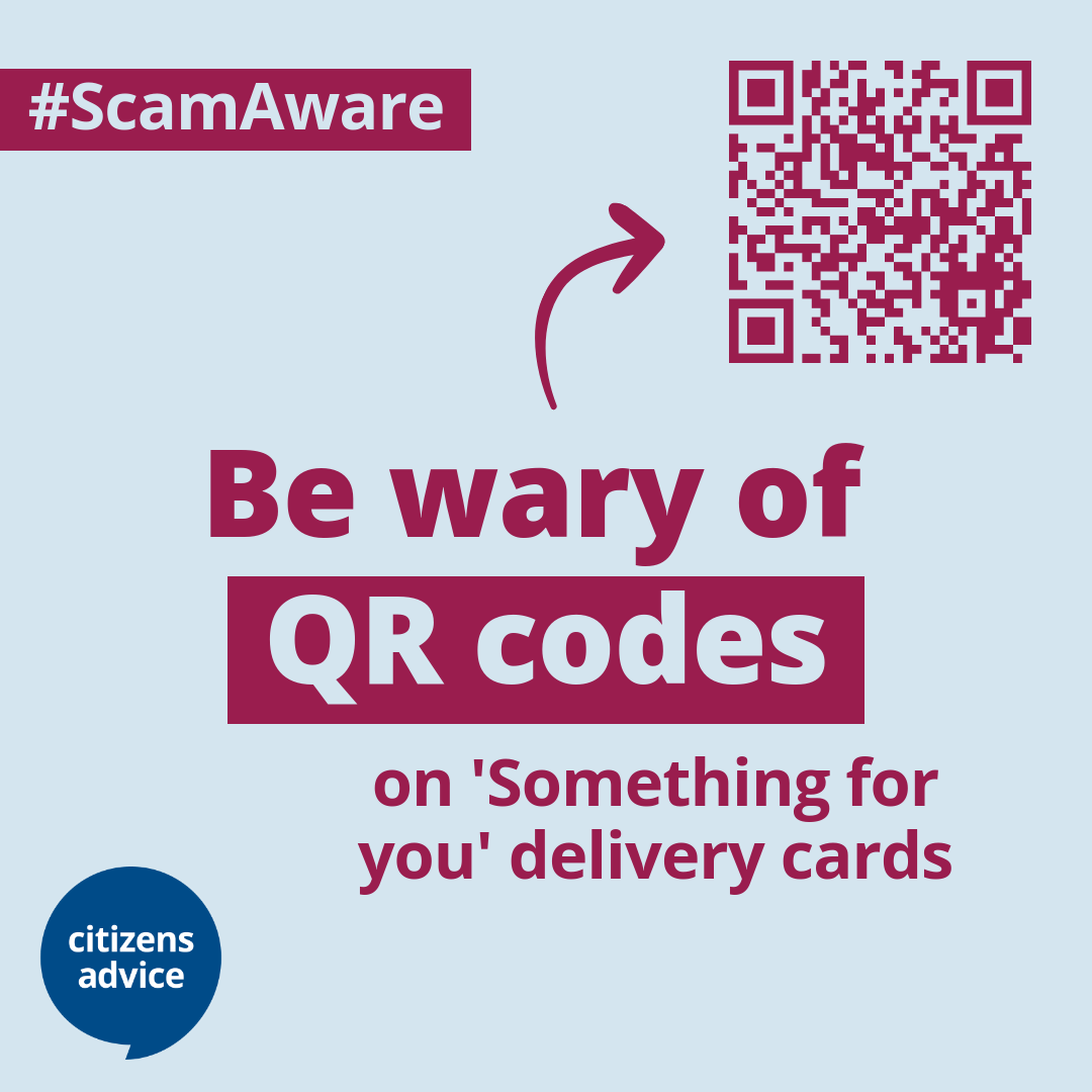 Found a 'Something for you' card at your door? 🤔 It could be a scam:

❌ Don't scan QR codes or click links on unexpected delivery cards

📞 Call the company directly to verify

Stay #ScamAware ⤵️
bit.ly/42KC1uU