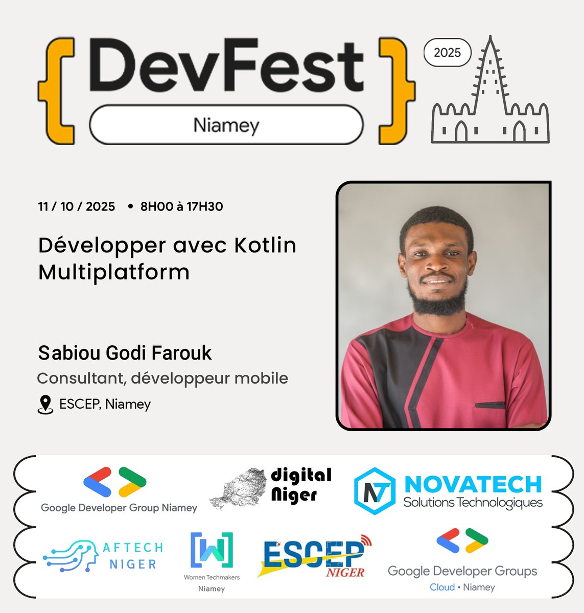 💡 Un seul code, plusieurs plateformes !

Au #DevFestNiamey 🇳🇪, <a href="/0xgodi/">Farouk</a> , consultant &amp; dev mobile, parlera de <a href="/kotlin/">Kotlin by JetBrains</a>  Multiplatform : une technologie qui change la manière de créer des apps Andoird, IOS, Web et Desktop 📱

👉Reservez votre place ici : gdg.community.dev/events/details…