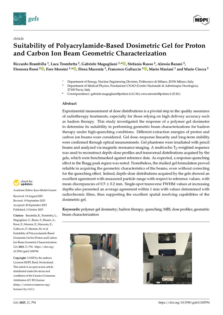 RRobaina75's tweet image. Suitability of Polyacrylamide-Based Dosimetric Gel for Proton and Carbon Ion Beam Geometric Characterization @Fond_CNAO 
#aeprot #particletherapy #protontherapy #CIRT #hadrontherapy