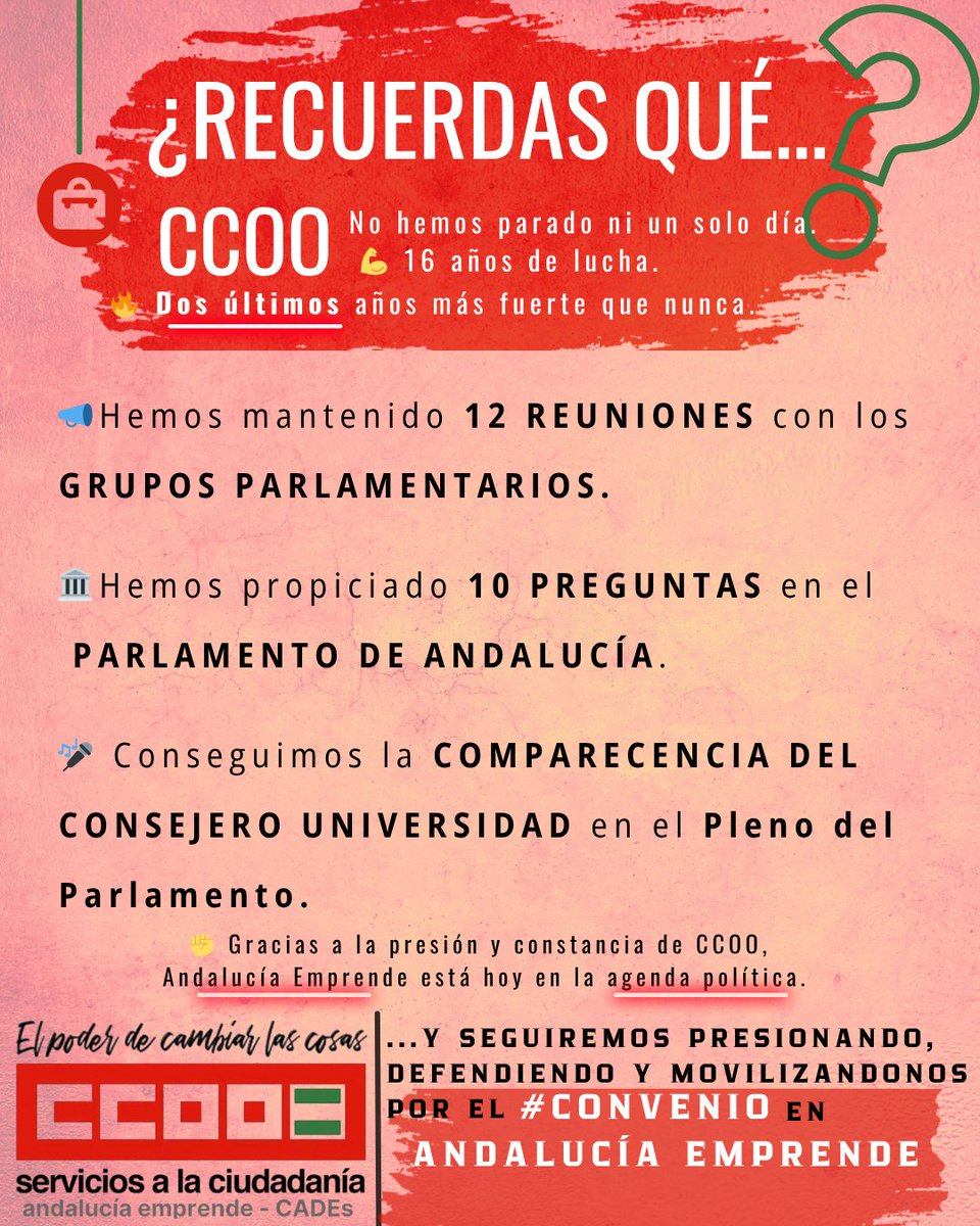 CCOOAEFPA's tweet photo. ▶️Recuerda que... 🔴CCOO no ha parado ni un día. 💪 16 años de lucha. En los 2⃣ últimos años: 1⃣2⃣ reuniones con grupos 🔟 preguntas parlamentarias
@aemprende está en la agenda política. ¡Seguimos presionando! ✊ @AndaluciaJunta @GoVillamandos @EconoHaciendAND https://t.co/khB3iMqkO2
