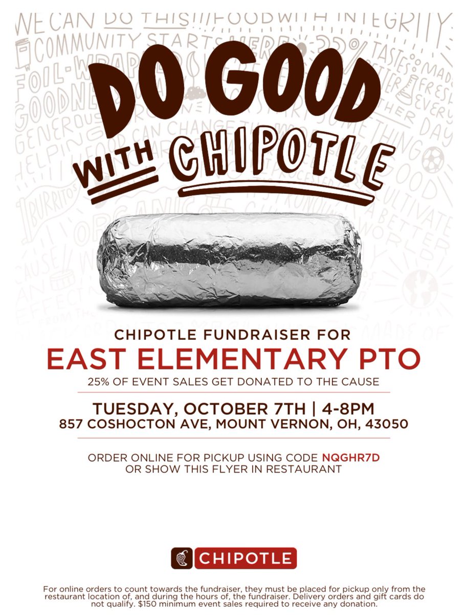 East_Elementary's tweet image. Dinner plans tonight? Plan on @ChipotleTweets and support our East Elementary PTO in the process! Tuesday, October 7th, from 4:00 P.M.-8:00 P.M.! #chipotle #pto