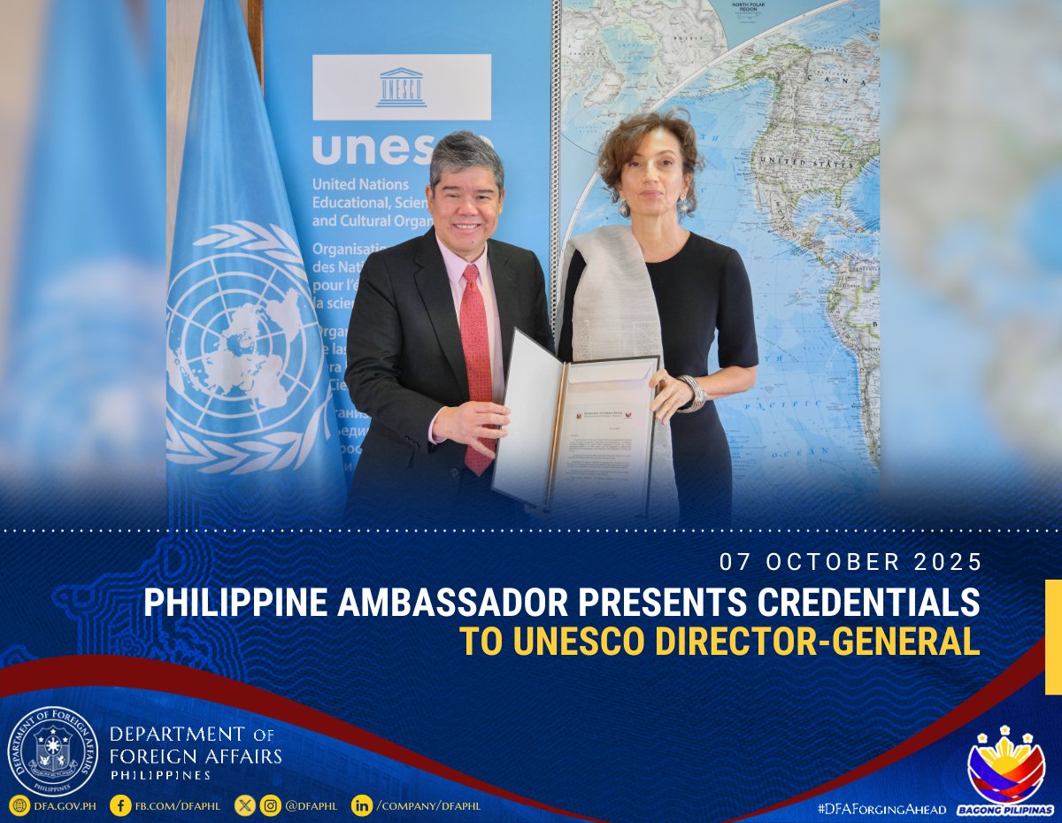 [1/2] Philippine Ambassador and Permanent Delegate to the United Nations Educational, Cultural and Scientific Organization (UNESCO) Eduardo José A. de Vega presented his credentials to H.E. Audrey Azoulay, Director-General of UNESCO at the UNESCO Headquarters