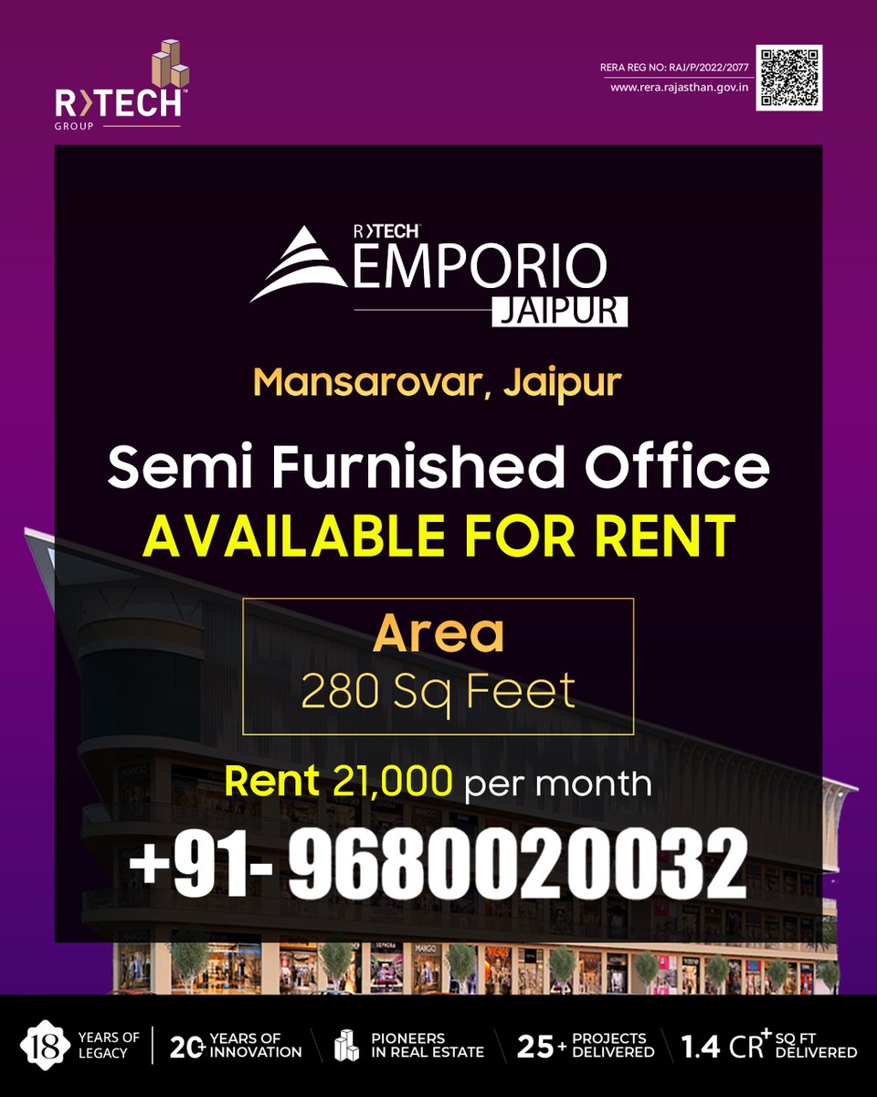rtech_group's tweet image. 📍 Prime Location. Perfect Space.
Semi-Furnished Office at R-Tech Emporio, Mansarovar Jaipur – 280 sq. ft. of business-ready elegance.
Rent: ₹21,000/month

📞 +91-9680020032

#Rtechgroup #Commercial #Officeforrent #Mansarovar #Rent #rtechemporio #Jaipur #Location #Primeoffice