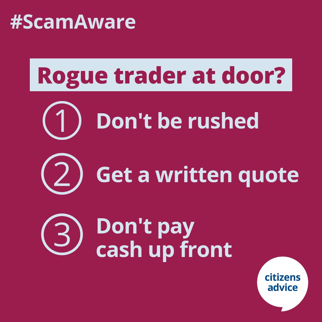 Looking for a trustworthy trader?

✅ Get written quotes from at least 3 different traders
✅ Ask for references and check their recent work
✅ Use an approved trader scheme like TrustMark or Which? Trusted Traders

Stay #ScamAware ⤵️
bit.ly/42KC1uU

#ScamAware