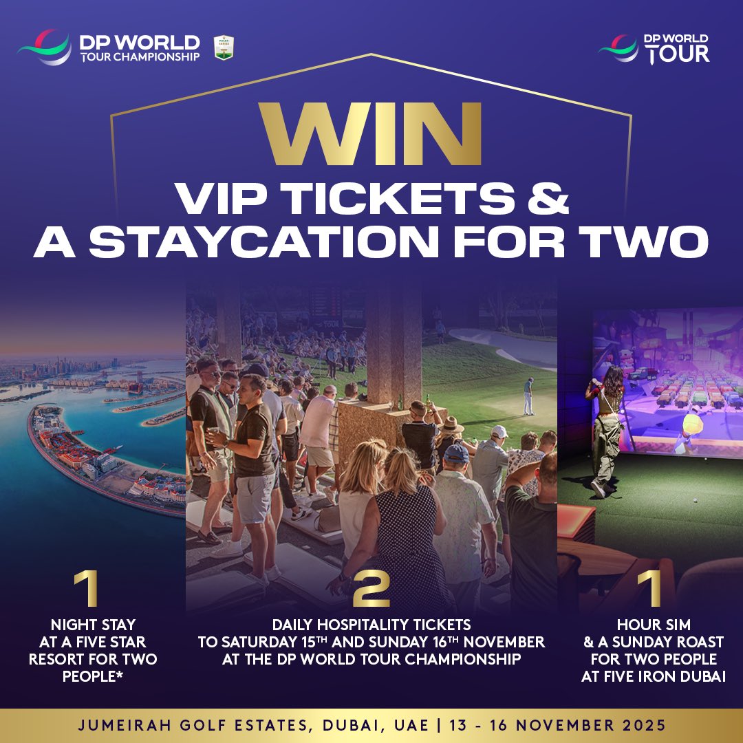🎁 WIN The Ultimate Golf + Getaway Prize!

💤 Luxury 5⭐ Dubai stay for 2
🥂 VIP hospitality at the DP World Tour Championship
🍽 Golf sim + roast at Five Iron Dubai
📅 13–16 Nov | Jumeirah Golf Estates

Enter here! 👇
e.europeantour.com/p/73AP-KH3/202…