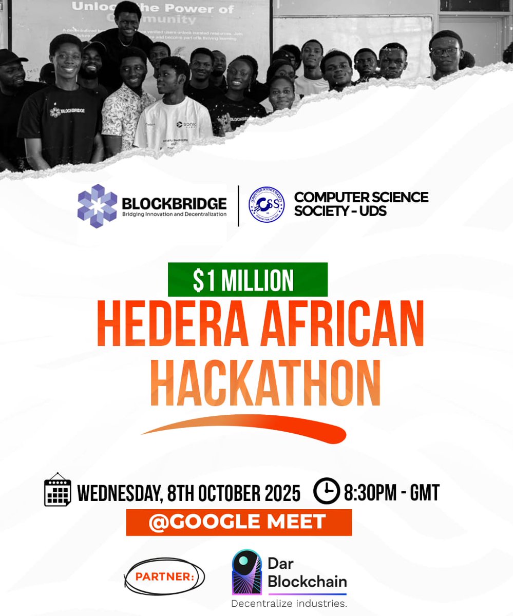 Proud moment for the Computer Science Society – UDS ‘25!

Together with the President &amp; Executive Board, we launch our first official project — the $1M Hedera African Hackathon, in collaboration with <a href="/blockbridge_net/">blockbridgenetwork</a> &amp; <a href="/DarBlockchain/">Dar Blockchain</a>.

#UDS #HederaHackathon #TechInnovation #UDS25