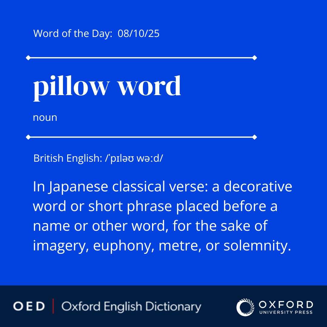 OED #WordOfTheDay: pillow word, n. 
In Japanese classical verse: a decorative word or short phrase placed before a name or other word, for the sake of imagery, euphony, metre, or solemnity.

View the entry: oxford.ly/4mULNC2