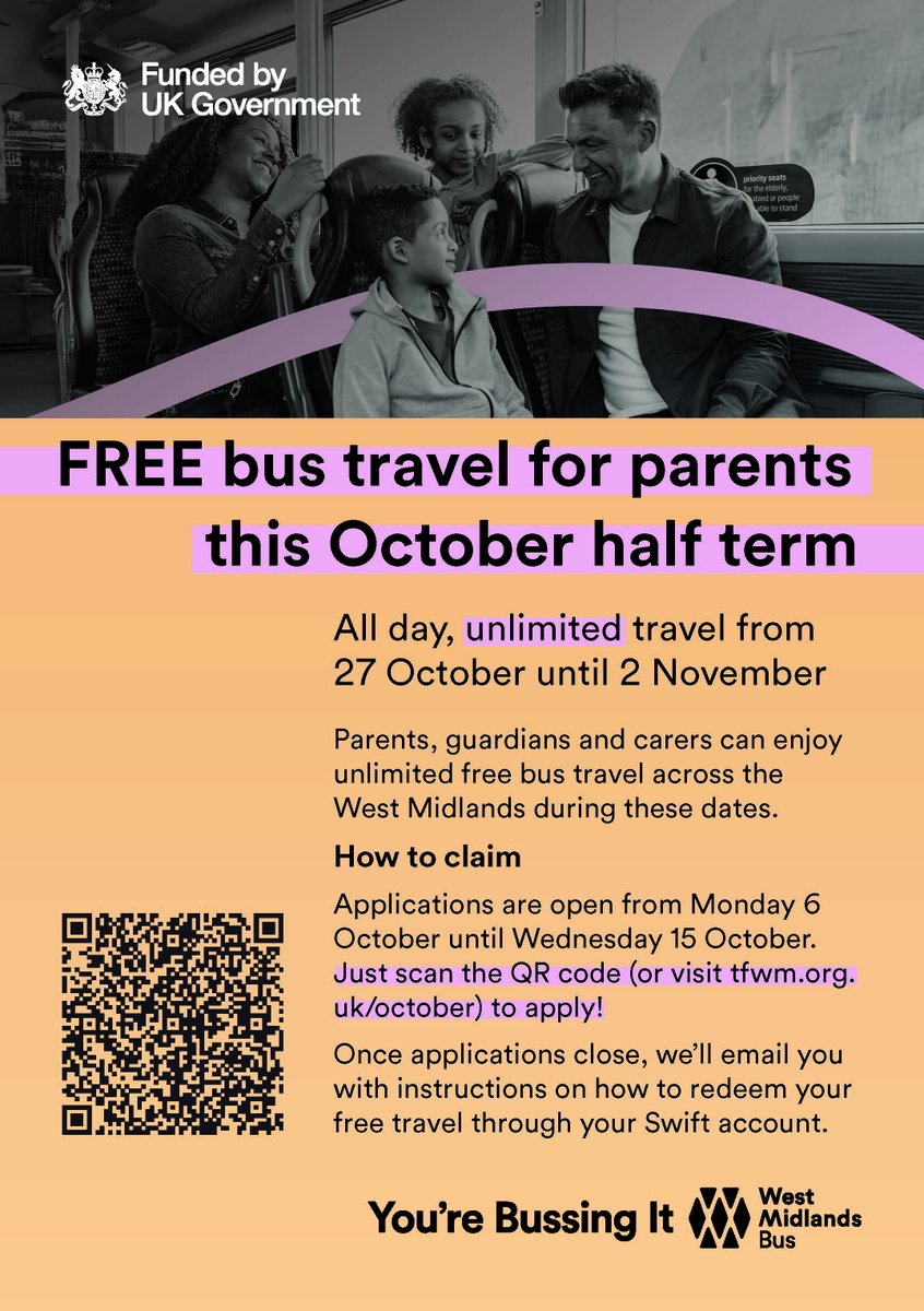 🚌Please see the attached flyer from Transport for West Midlands who are offering a free bus pass to parents and guardians over the half term break.

#Halfterm #FreeBusPass