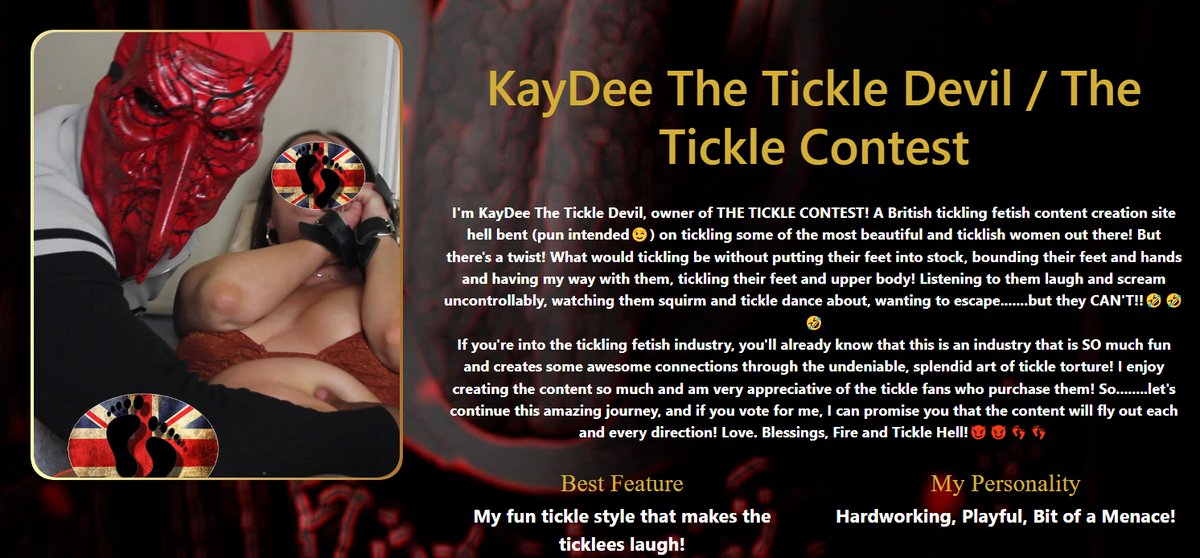 Hi, TTC People! I'm up for 'Fetish Newcomer' at the <a href="/UKFetishAwards/">UK Fetish Awards 🇬🇧</a> 2025! The voting is now open so if you'd like to vote for The Tickle Contest, the link is below! Much appreciated! 

ukfetishawards.com//2025/kaydee-t…
