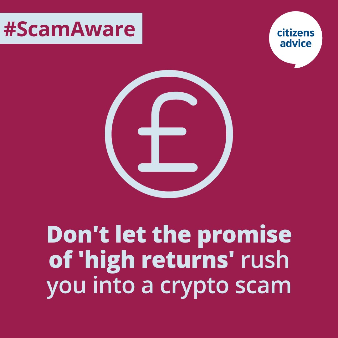Cryptocurrency scams often promise  ‘guaranteed’ high returns with strict and high-pressure deadlines.

⏳ Legitimate opportunities will give you time to think - don't get rushed into a decision.

Learn more about investment scams ⤵️
bit.ly/42KC1uU

#ScamAware