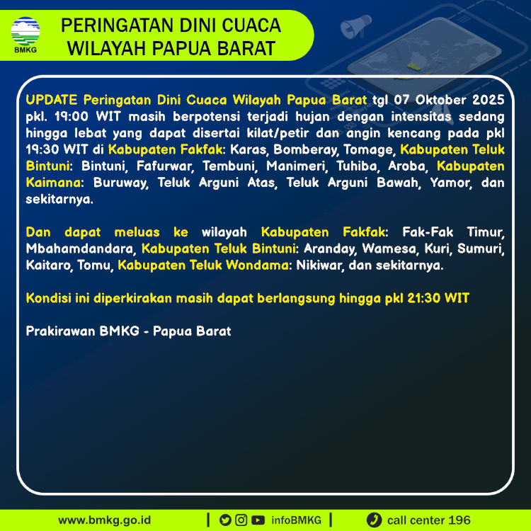 Update Peringatan Dini Cuaca Wilayah - Papua Barat Tgl. 07 Oktober 2025 pkl. 19:30 WIT
Prakirawan - BMKG - Papua Barat
nowcasting.bmkg.go.id/nowcast?kodwil…
