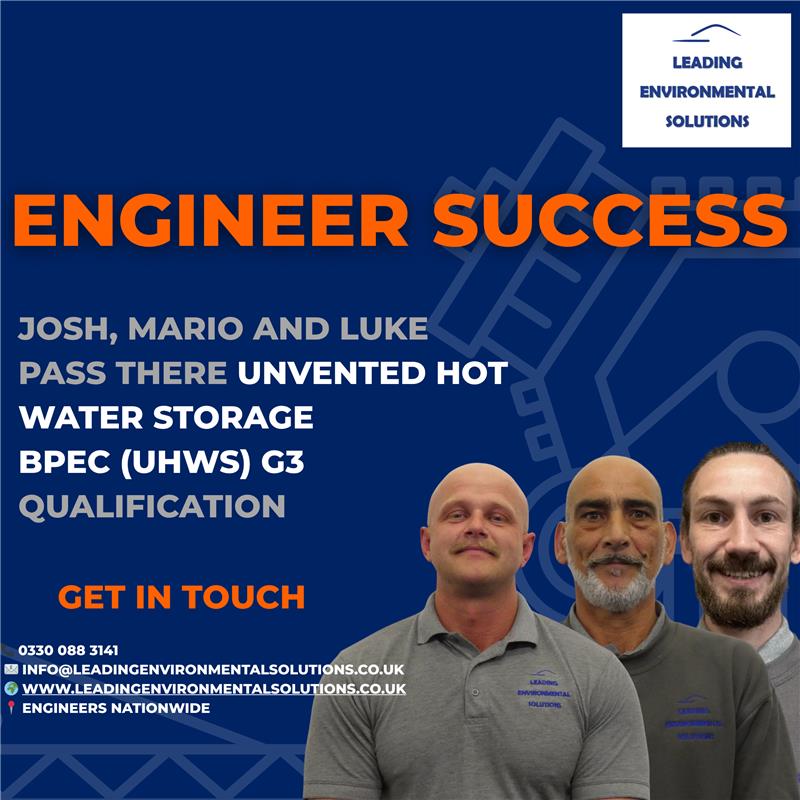 LeadingEnviron1's tweet image. 👏 Big congrats to Josh, Luke, and Mario for passing their BPEC Unvented Hot Water Storage (G3) qualification!
Always proud to see our engineers pushing their skills and keeping our standards high 💪🔥
#TeamLeading #Training #BPEC #Engineering #Leading